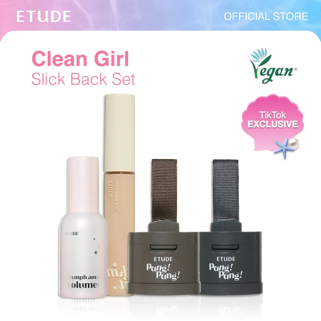 [ETUDE Official] Clean Girl Slick Back Set | Nymph Aura Volumer + Big Cover Skin Fit Concealer Pro Set + Pang Pang Hair Shadow #01 Dark Brown, #03 Natural Black | Hairline Cover | Glass skin | Kpop Idol Lash | Korean Primer
