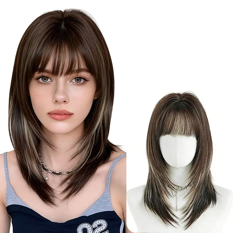 Lotfon Synthetic Wig for Women, 20 Inch Long Straight Brown Hair with White Highlights, Glueless with Adjustable Cap, Lightweight 7 oz for Daily Wear, 7 Ounces