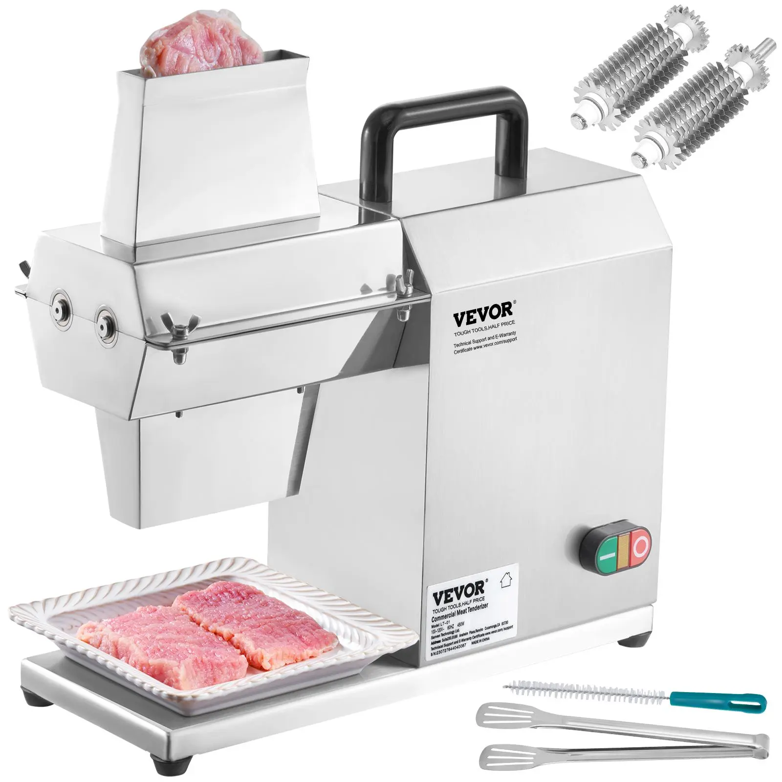 【summerfinds】VEVOR Commercial Meat Tenderizer, Heavy Duty Stainless Steel Kitchen Tool with Handle, Meat Tong, and Cleaning Brush, 450W Electric Meat Tenderizer Machine for Beef, Turkey, Chicken, Pork, and Fish