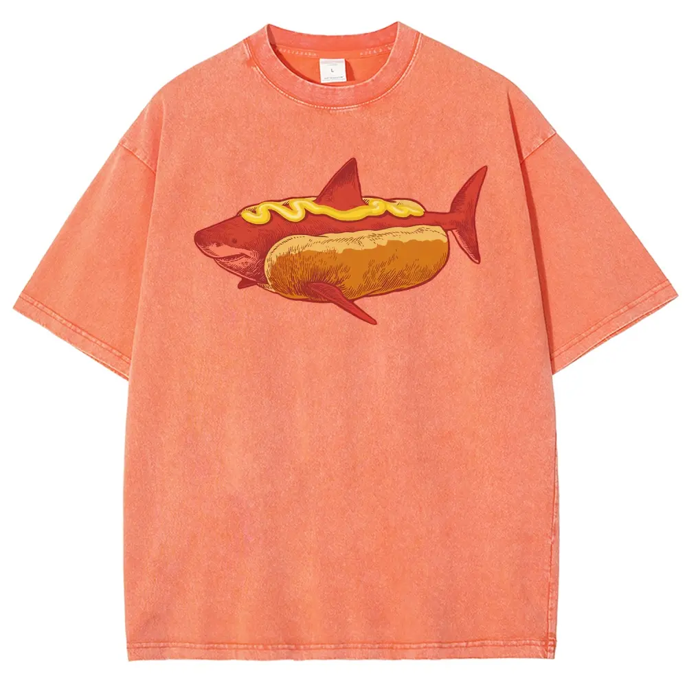 Shark Hotdog Funny Food Meme T-Shirt, Vintage Washed Tee, Weirdcore Ocean Animal Graphic Shirt, Gift For Foodie Shark Lovers
