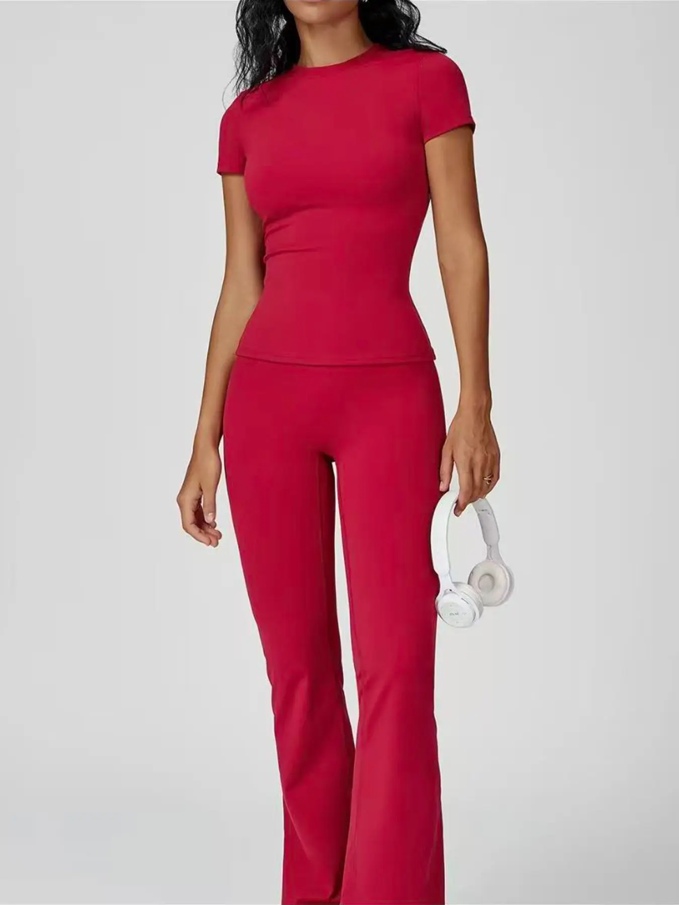 Women's Sporty Quick-Dry Two-Piece Set, Workout Sets, Exercise Clothing Set, Plain Round Neck Slim Fit T-Shirt & High Waist Flare Leg Yoga Pants, Skin-Friendly Fabric, All-Season Wear, Casual Sportswear, Stretchable Activewear, Yoga Clothes Set