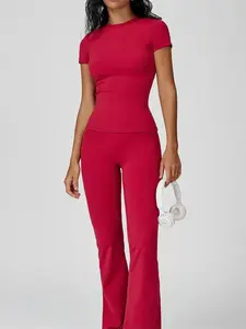 Women's Sporty Quick-Dry Two-Piece Set, Workout Sets, Plain Round Neck Slim Fit T-Shirt & High Waist Flare Leg Yoga Pants, Skin-Friendly Fabric, All-Season Wear, Casual Sportswear, Stretchable Activewear, Yoga Clothes Set