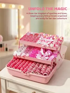534/535pcs - 2026 pink butterfly-shaped girls' hair accessory set, Hair accessories sets, with a three-layer storage box, includes bow hair clips, high-elasticity hair rings, girls' gift