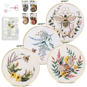 SQ-HDJ054 4 Pack Embroidery Kit for Beginners,Needlepoint Cross Stitch Kits for Adults,Needle Point Sets with Bee Flower Pattern Stitch