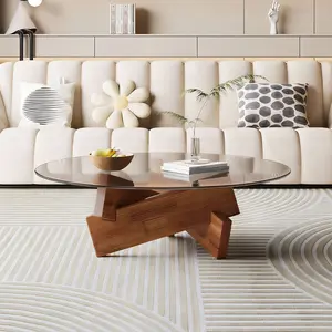 Modern Living Room Round Coffee Table Medieval Modern Style Tempered Glass Top Walnut Wood Base 27.5 Inches Stylish Home Decor Easy Installation No Tools Required