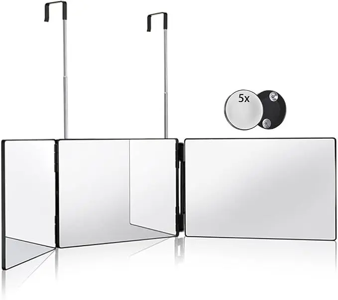 3-Way Tri Folding Mirror - 360-Degree Swivel, Height-Adjustable Telescopic Hooks, 5X Magnified, Door & Wall-Mounted for Hair Cutting, Makeup & Hair Styling, 360 Degree Swivel Wall-Mounted Mirrors