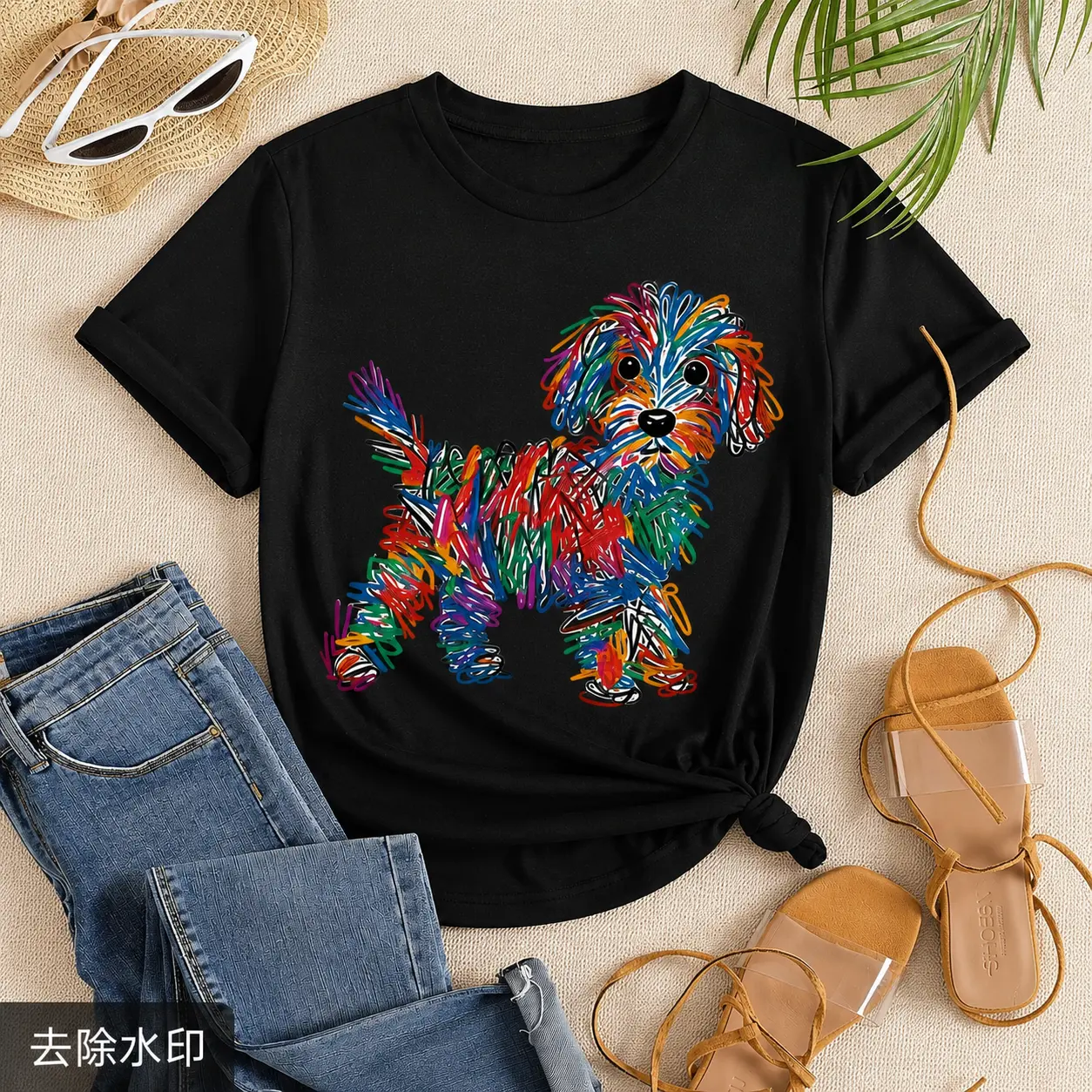 Womens Graphic Tee Rainbow Line Puppy Print Casual Design T Shirt Streetwear Style Crewneck Short Sleeve Soft Cotton Breathable Comfortable Fit Loose Fit Daily Wear Pet Lover Cute Trendy Aesthetic Fashion Top,belle
