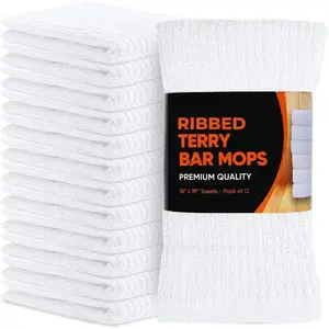 Ribbed Bar Mop  16x19 (Pack of 12) Absorbent and Durable White Bar  for Bartender, Multipurpose Kitchen Rags & Terry Cloth Rags