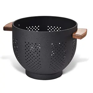 5.5 Quart Black Powder Coated Steel Kitchen Strainer Basket Metal Colander with Wood Handle & Stable Base for Draining Pasta Vegetables & Fruits