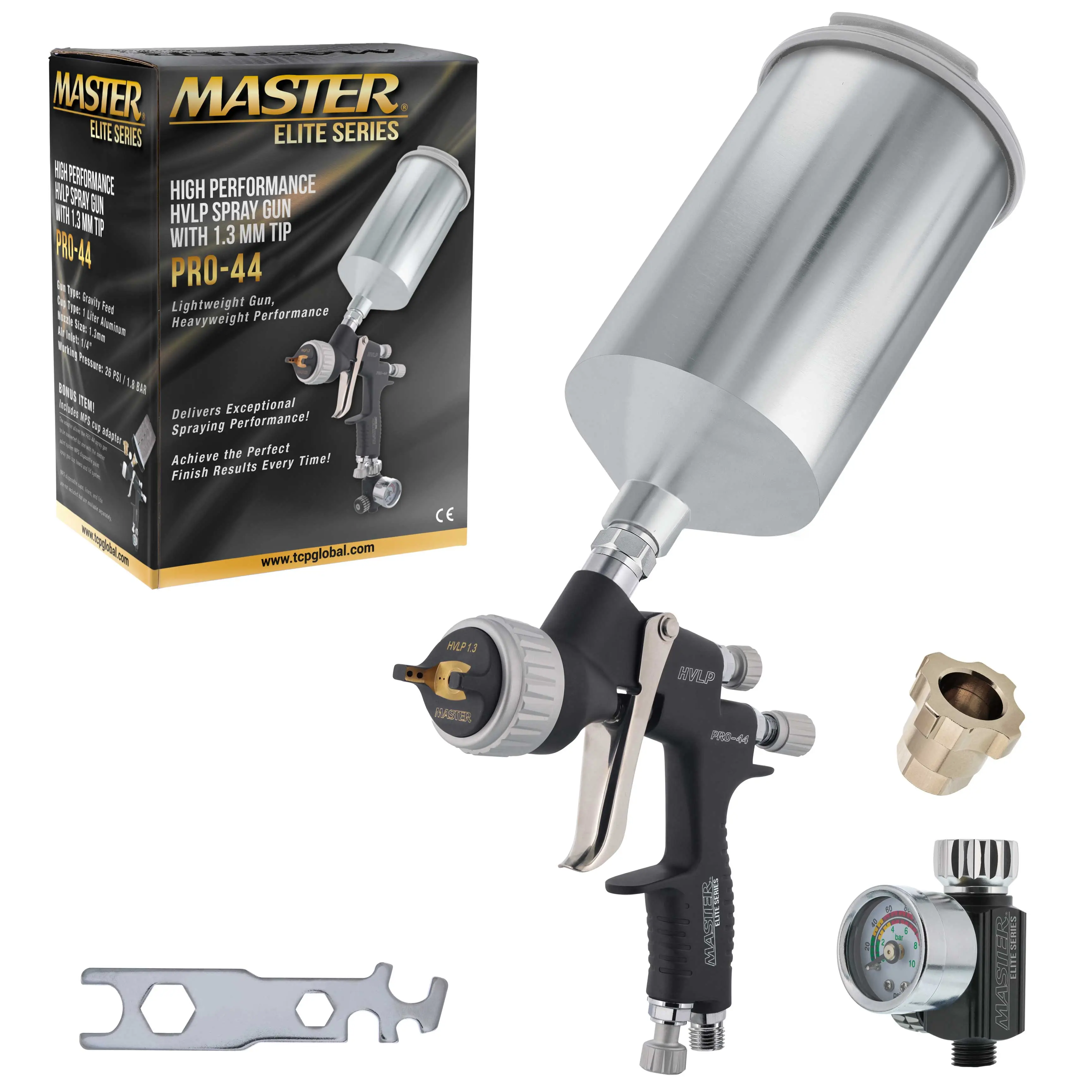 PRO-44 HVLP Spray Gun with 1.3mm Tip, Air Pressure Regulator Gauge and 1L Cup - Automotive Spray Paint Gun for Painting Basecoats & Clearcoats