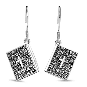 925 Sterling Silver Holy Cross Bible Dangle Drop Earrings 5.35 Grams Catholic Faith Christian Religious Birthday Jewelry Birthday Christmas Gifts for Women