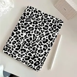 Black and White Leopard Print Tri-Fold Stand Case for iPad 9th Generation 10.2 Inch with Pencil Holder, Shockproof Acrylic Hybrid Shell, Magnetic Closure, Auto Sleep/Wake, Kickstand Functionalit