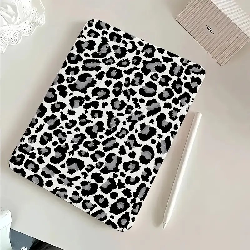 Black and White Leopard Print Folding Tri-Fold Stand Tablet Cover for iPad 9th Generation 10.2 in, with Pencil Holder, Shockproof Acrylic Hybrid Shell, Magnetic Closure, Auto Sleep/Wake, Kickstand