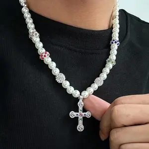 Men's Vintage Glitter Cross Pendant Necklace - Multicolor Beads, Non-Natural Crystal, Imitation Pearls, Statement Jewelry Gift Item