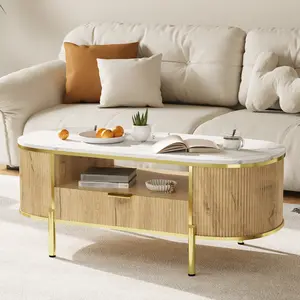 Fathersdaygift Summervibes Flash sale home items Modern Fluted Oval Coffee Table with Faux Marble Top – Storage Drawer – Stylish Center Table for Living Room – Luxury Navy Blue Finish