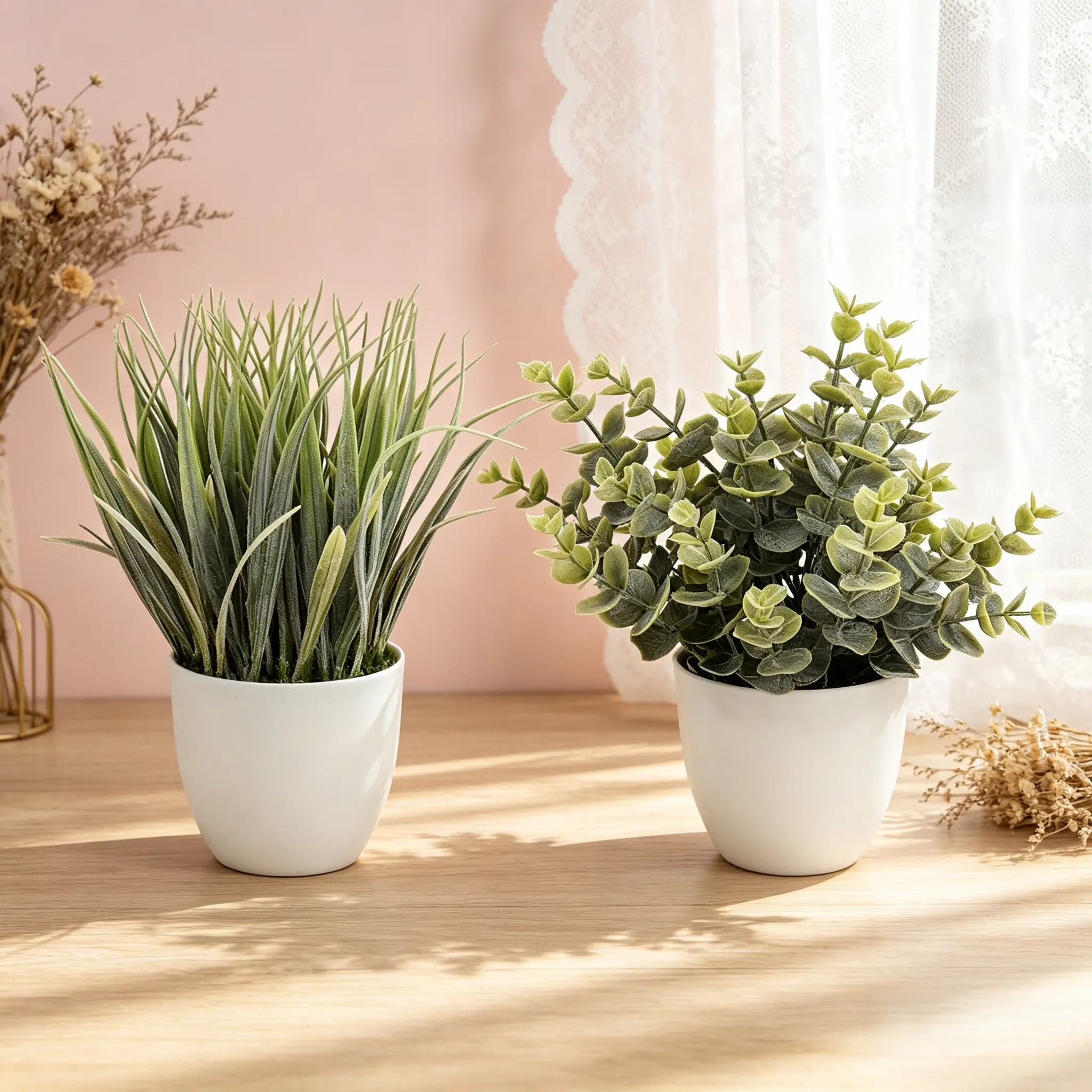 2 Pack Small Fake Plants Indoor, Artificial Eucalyptus Potted Plants for Spring and Summer Home Decor, Faux Plants for Tabletop, Shelf, Bathroom and Office Decoration