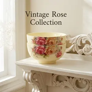European Ivory Rose Ceramic Rice Bowls Set of 2, High Temperature Resistant, Vintage Home Use, Afternoon Tea Dessert Bowl, Serving Bowls