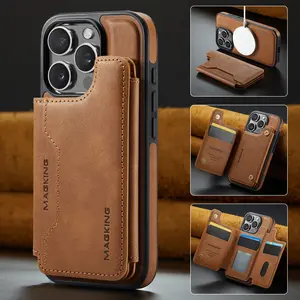 Men's Business 2-in-1 Leather Base + Magnetic Card Holder with Wireless Charging Support, MagSafe Compatible, Multi-Slot Card Holder, Phone Case Accessories, Phone Protector for iPhone 17, 14 Plus, Full Cover Anti-Drop, Shockproof Protection