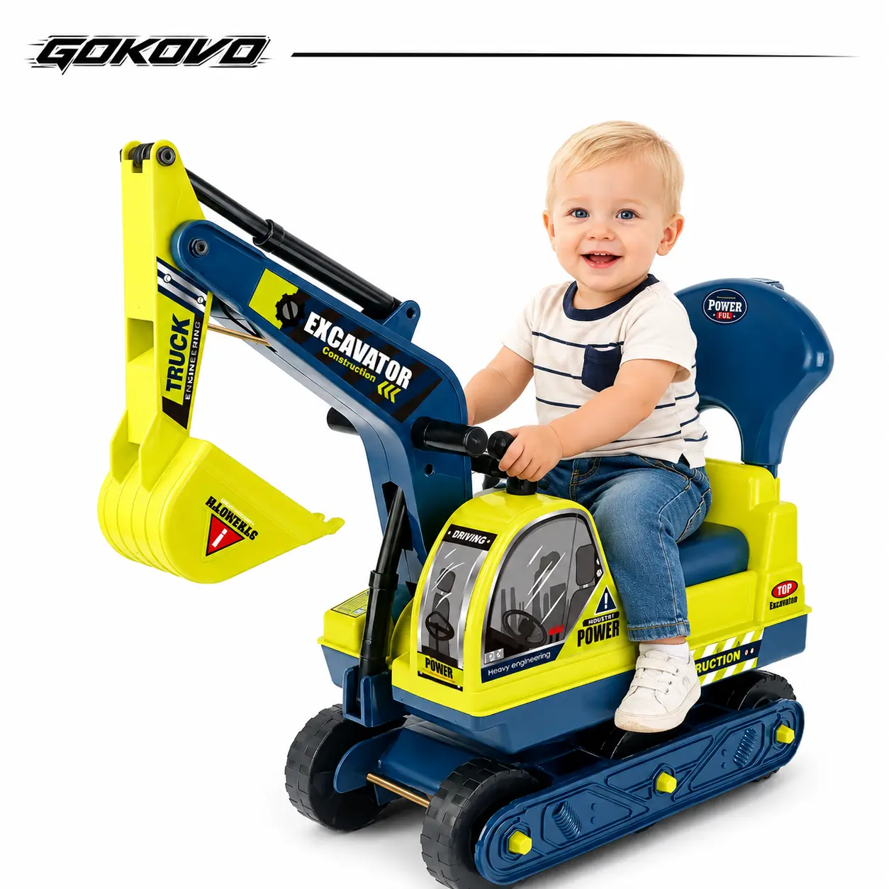 Kids Ride-On Excavator Bulldozer Manual Operation Movable Excavator Storage Under Seat Army Green and Yellow Christmas Gift for Boys and Girls Ages 3+