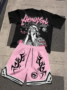 Men's Statue of Liberty Print Set, Contrast Short Sleeve T-Shirt + Flame Pattern Shorts, Y2K Streetwear, Loose Fit, Casual Style
