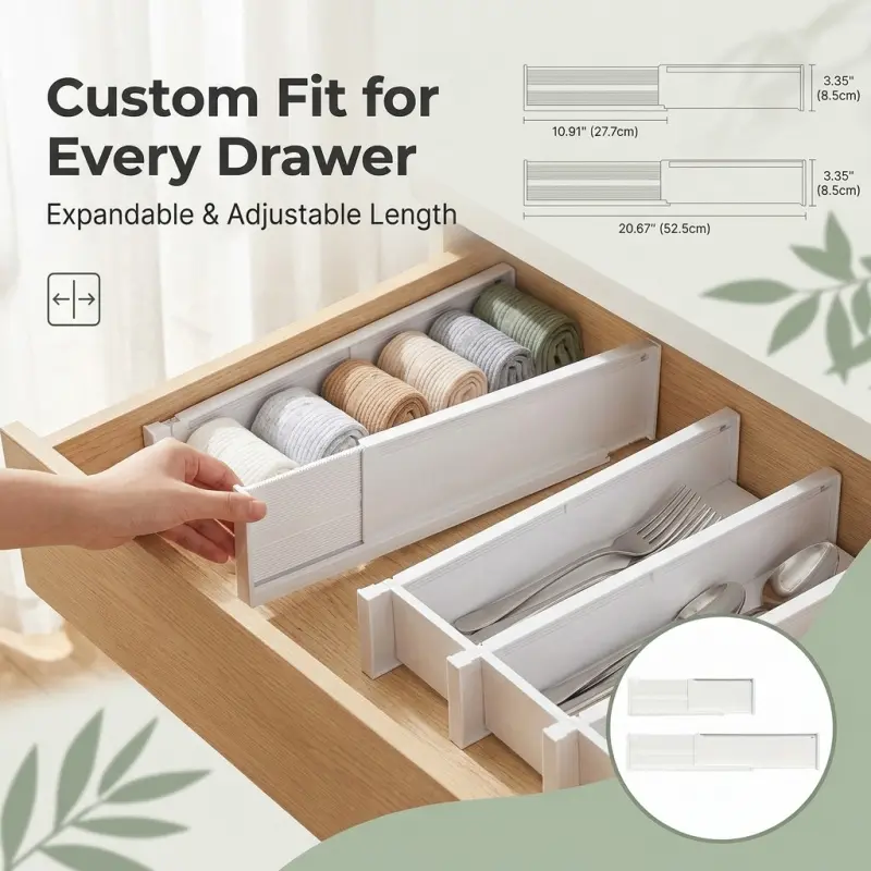 Expandable Drawer Organizer Dividers, Adjustable Length Plastic Separators, Deep Drawer Storage, Fit Most Drawers, Keep Clothes, Utensils & Small Items Neat & Tidy