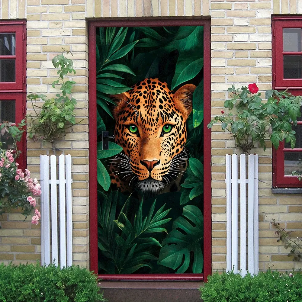 2pcs Rainforest Style Leopard Head Wall Sticker Removable Self Adhesive Wallpaper Living Room Bedroom Decor Southeast Asia Animal Theme Home Wall Decal Environmental Protection PVC Material Waterproof Wa