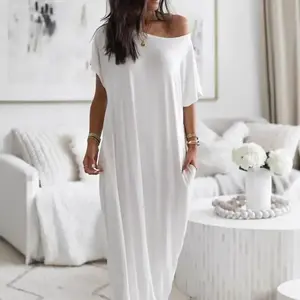 Summer 2025 new style: women’s solid-color casual long off-the-shoulder short-sleeve maxi dress with side pockets
