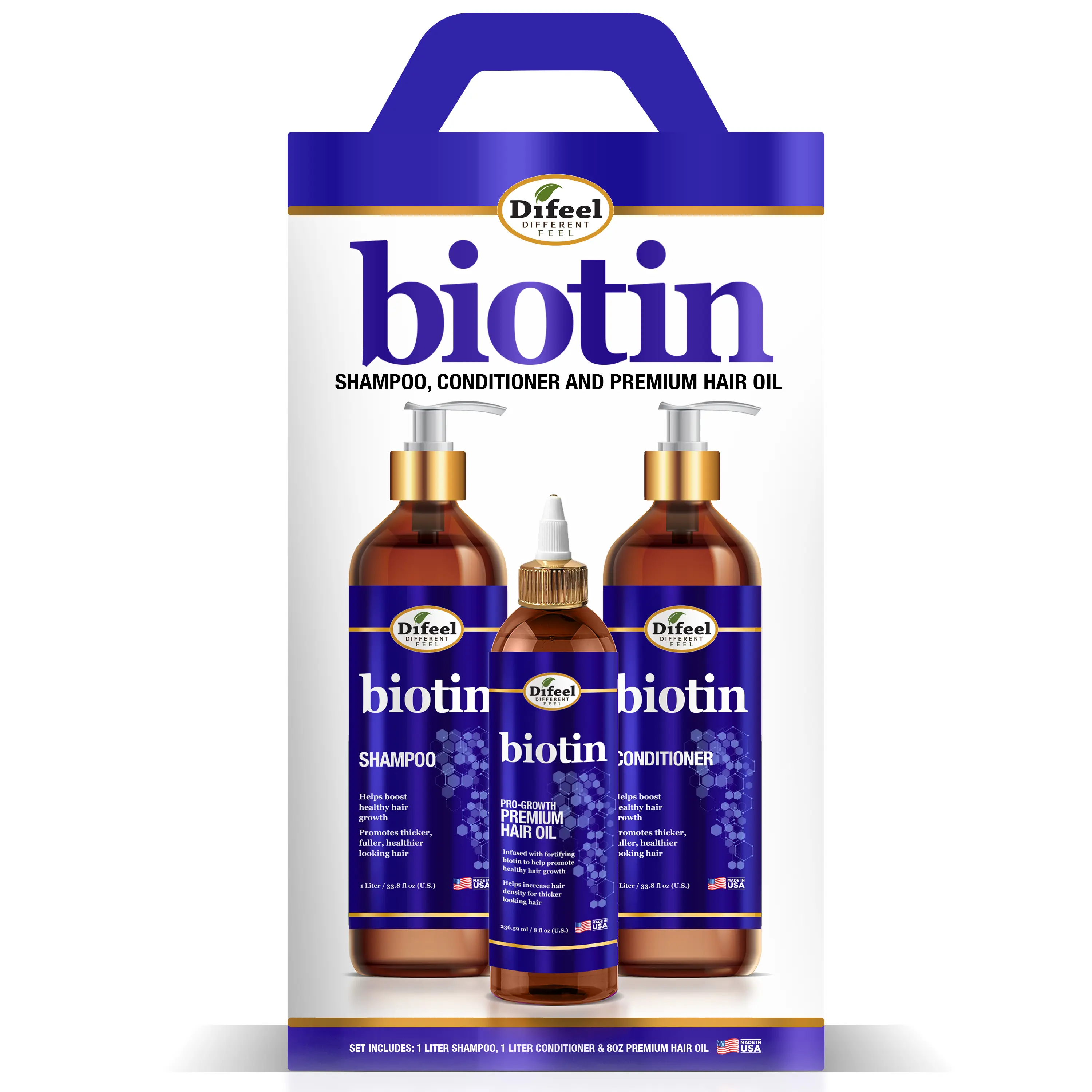 Difeel Elevated Biotin Shampoo 33.8oz, Conditioner 33.8oz & Hair Oil 8oz 3-PC Large Boxed Gift Set