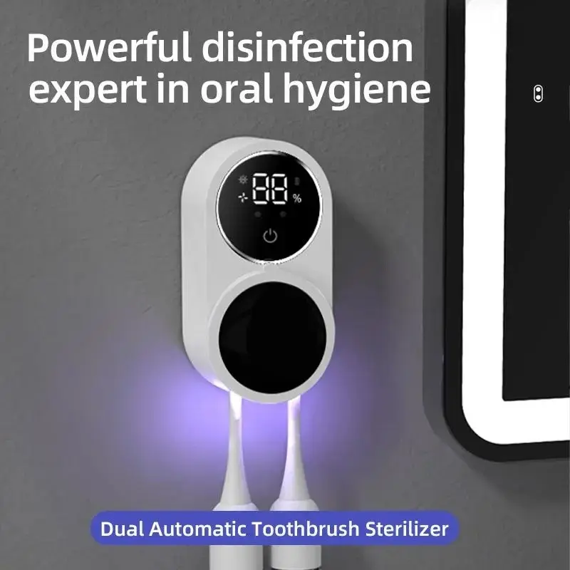 Smart Home Automatic Dual Toothbrush Disinfection Box, Digital Uvc UV Sterilization Dryer Rack, No Drilling Electric Toothbrush Holder, UV Toothbrush Holders