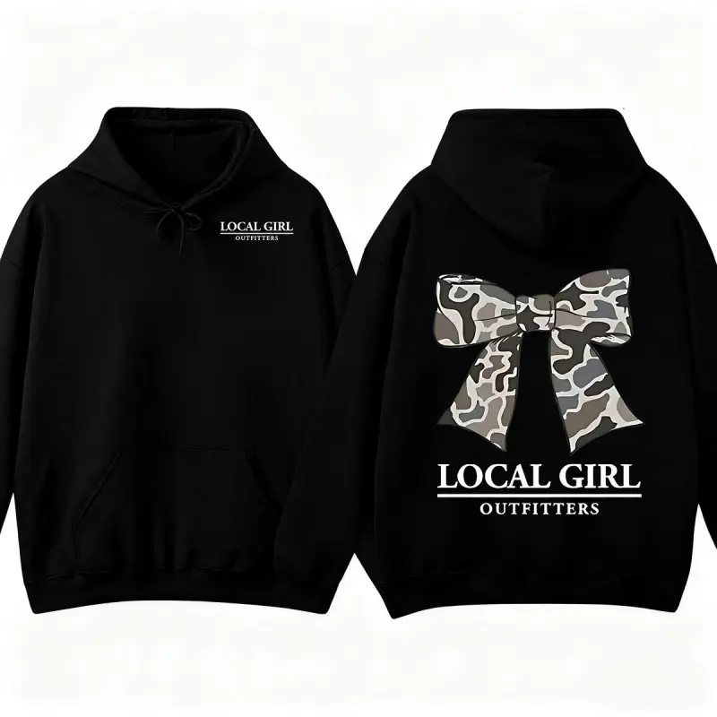 Women's Camouflage Bowknot Hoodie Pullover - Longsleeves Fitted Casual Wear Tops, Everyday Daily Use, Fashionable Comfortable Unisex Holiday Gift Option, Hoodies For Women, Oversized, Party, Pullover Hoodie