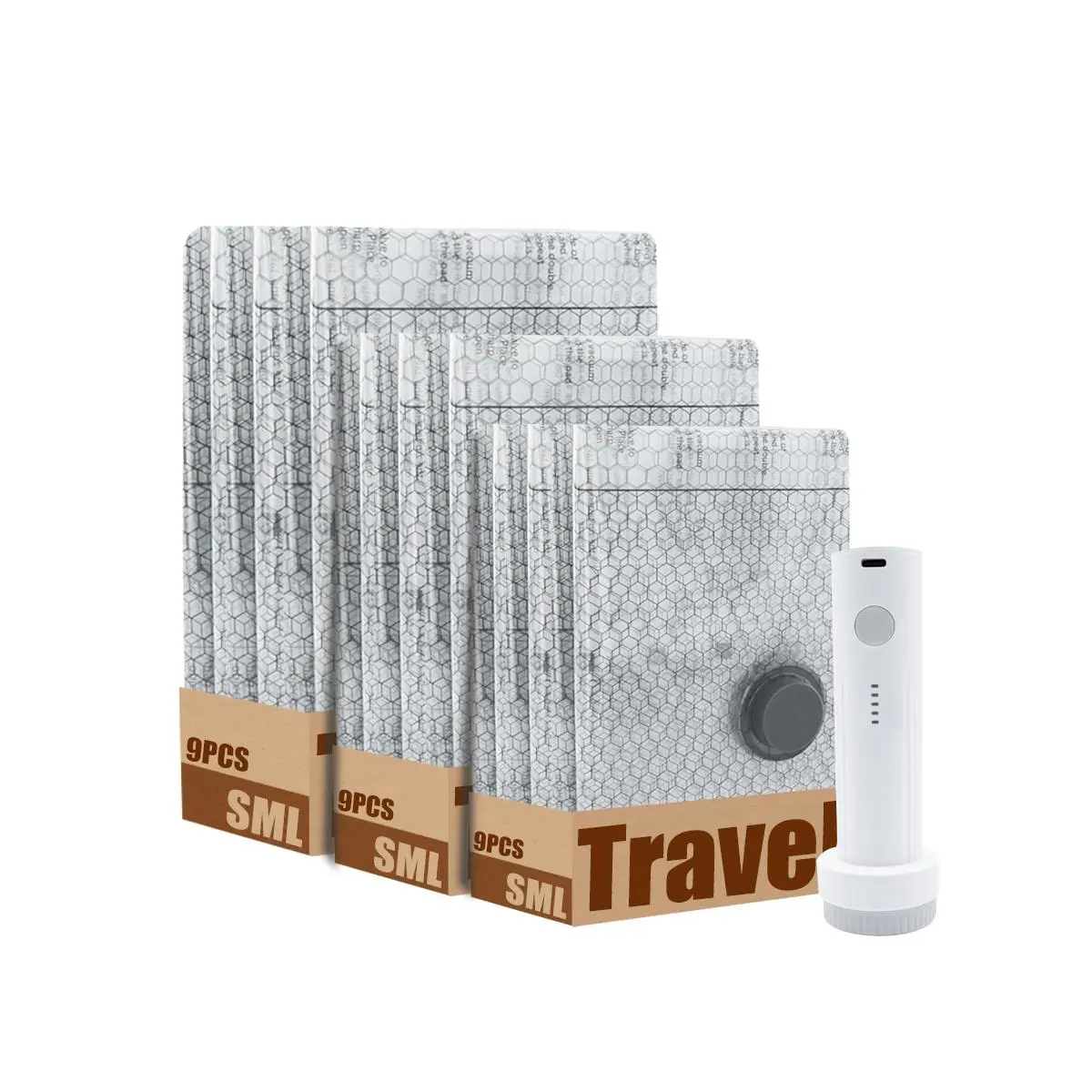 9-Pack Modern Rechargeable Wireless Pump Vacuum Sealed Compression Bags (Small-Medium-Large), Portable Space-Saver Home Organizers for Travel Suitcases, Home Clothing Storage
