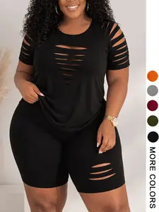 Plus Size Cutout 2 Piece Outfit, Black Short Sleeve Top and Biker Shorts Set, Curvy Casual Summer Loungewear Tracksuit for Women Womenswear