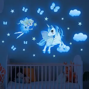 Hand-Drawn Dreamy Fairy Unicorn Blue Glow In The Dark Decorative Wall Sticker, 30x30cm, Home Decor for Living Room & Bedroom, Festival Halloween Decoration