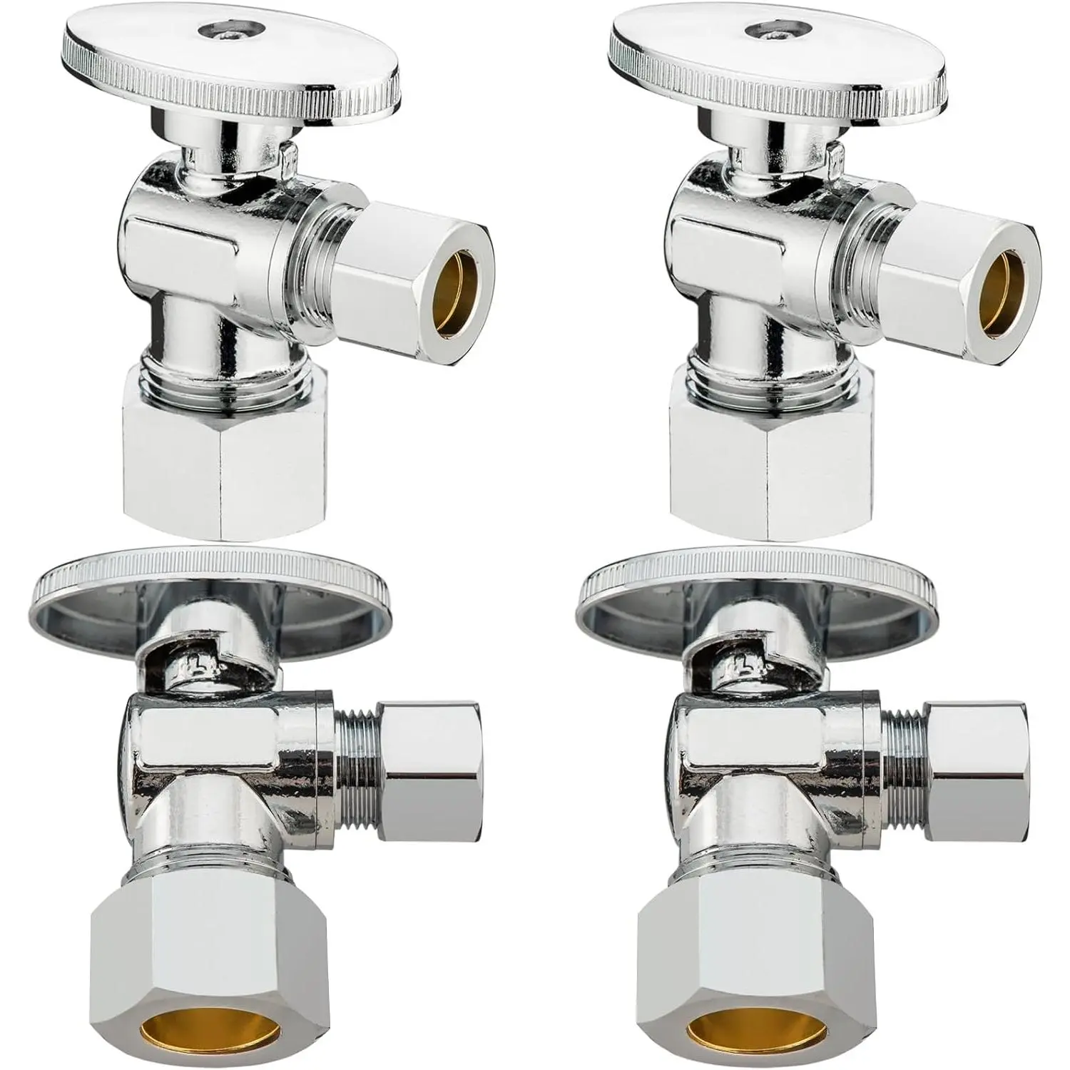 (4 Pack) Brass-Plated 1/4 Turn Angle Stop Sink Valves, 5/8 in Compression (1/2" Pipe Size), 1/2 in x 3/8 in Compression Type, Model JF1-COMP-A