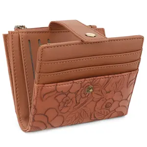 Women's Vintage Slim Short PU Leather Wallet Card Holder, Embossed Floral Design, Card Slots, Snap Button Clasp, Zippered Closure, Compact Size, Home Organizer Accessory - Mini Gifts for Graduation Storage