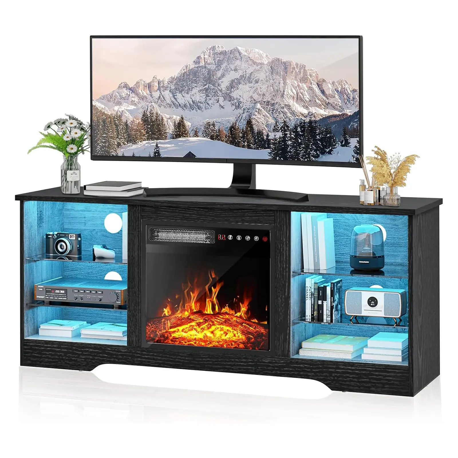 PUKAMI Fireplace TV Stand with 18" Fireplace for Living Room,58" Led Entertainment Center with Fireplace & Storage,Modern TV Console Cabinet for TVs Up to 65" with Adjustable Glass Shelves
