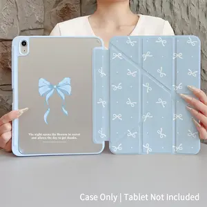 Double-Sided Blue Bow & Polka Dot Pattern Protective Case - Featuring an Adjustable Stand, Built-in Pen Slot, and Foldable Non-Slip "Y-Fold" TPU Design. Compatible with Samsung, iPad mini, Air, Pro, (10th & 11th Gen), and other iPad series. Tablet