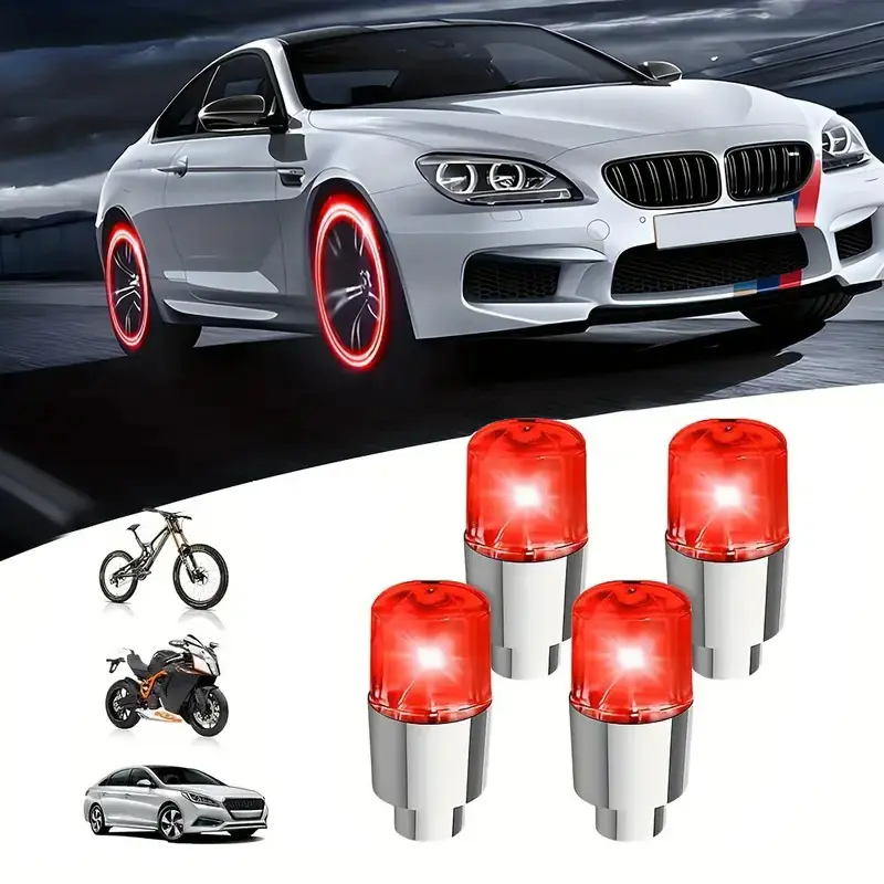 4 Piece Rotating Bicycle Wheel Lights, Easy Install Durable PVC Material, Car Motorcycle Electric Bike Vehicle Tire Valve Cap HUB Decorative Lights