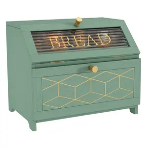 Double Layer Large Capacity Bread Box for Kitchen Counter, Wooden Green Bread Storage Bin for Kitchen Countertop, Kitchen Organiser, Pantry Storage Containers Utensils