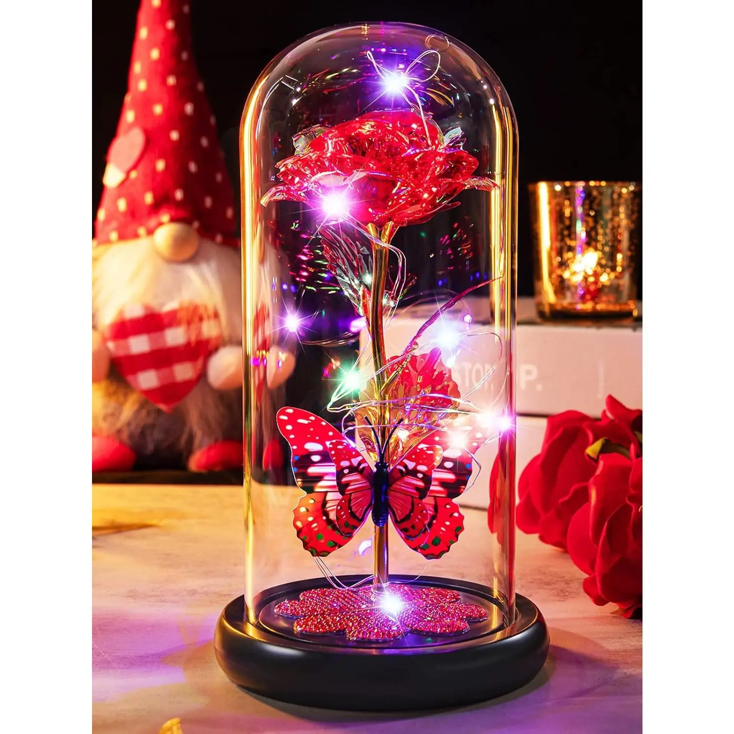 Christmas Rose Gifts for Women - Galaxy Glass Rose Forever Eternal Flower Light Up Rose in Glass Dome with Butterfly, Red, Xmas Gifts for Women