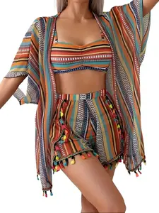 Women's Sexy Striped Print Four-Piece Set Ethnic Style Fringe Bikini Set for Beach Vacation with Batwing Sleeves