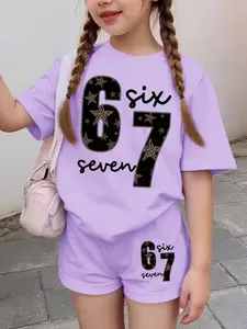 Girls Six Seven Leopard Star Number 67 Print Casual Sporty Style Sports Set, Summer Short Sleeve T-Shirt and Shorts, Fitted All over Print