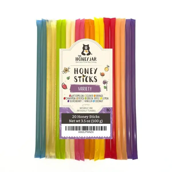 The Honey Jar Variety Pack Sticks - 20-Count Pure Flavored Straws (1 Teaspoon Each) - Made in USA for Tea or Coffee - Natural Sweetener (Food Staples & Cooking Essentials)