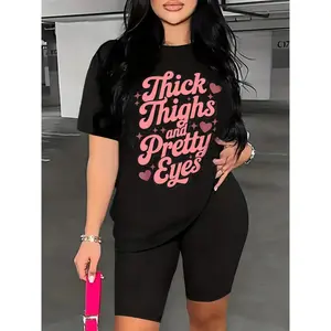 Women'S Plus Size Women'S Clothing Set Thick Legs And Pretty Eyes Black Crew Neck, Casual Sports, Machine Washable, Suitable for All Seasons
