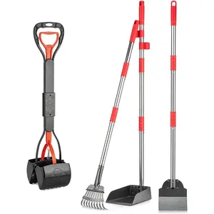 Dog Pooper Scooper, Long Handle Pooper Scooper Set with Stainless Rake, Tray & Spade and 28" Foldable Claw Poop Scoop for Pet Waste Removal on Grass, Gravel