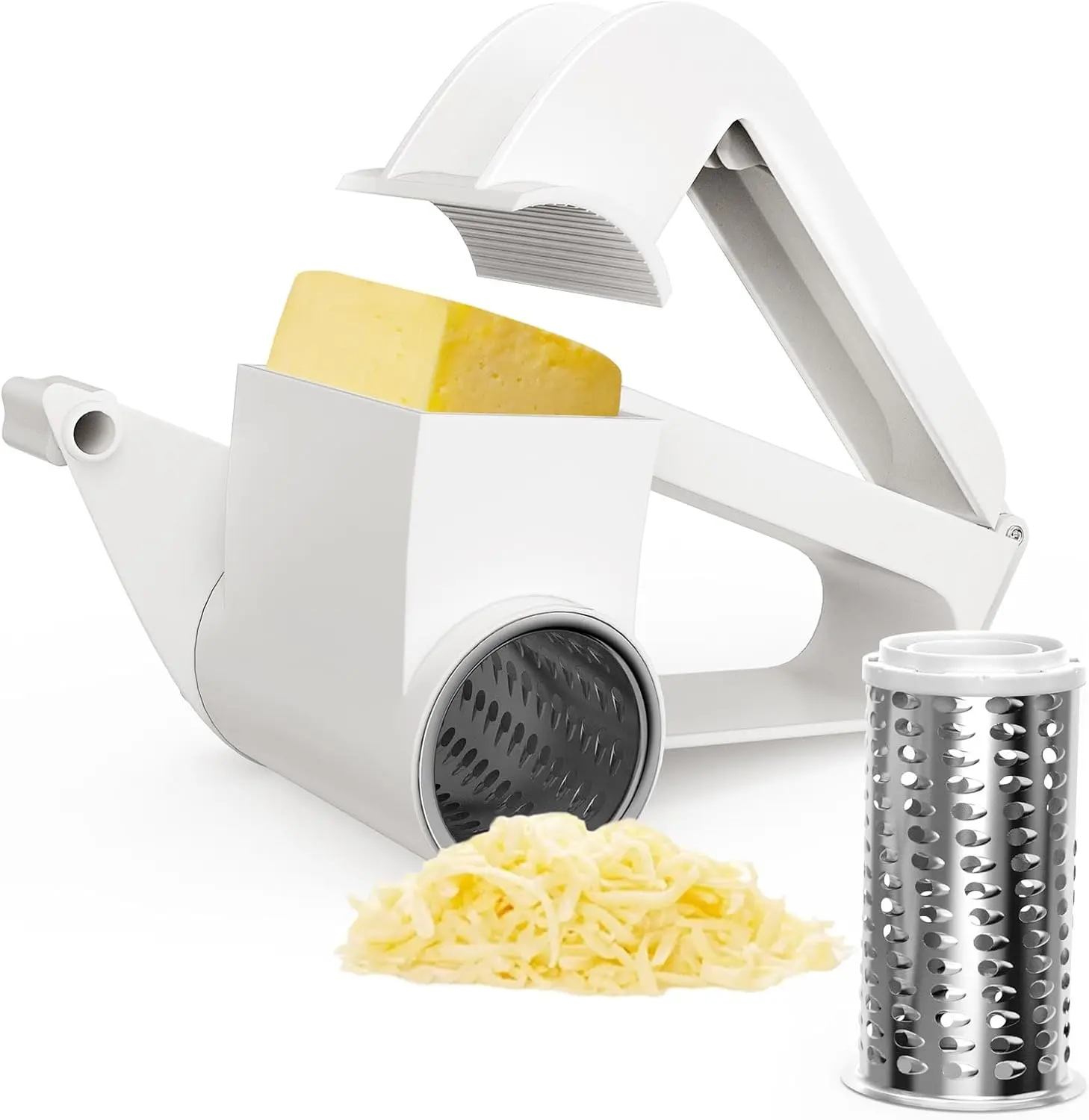 Rotary Cheese Grater with Handle Medium Manual Food Shredder Stainless Steel Drum for Cheese Vegetable Chocolate & Nuts White