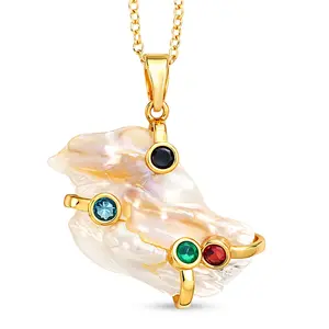 White Keshi Pearl, Multi Color Cubic Zirconia Pendant Necklace 20 Inches in Goldtone