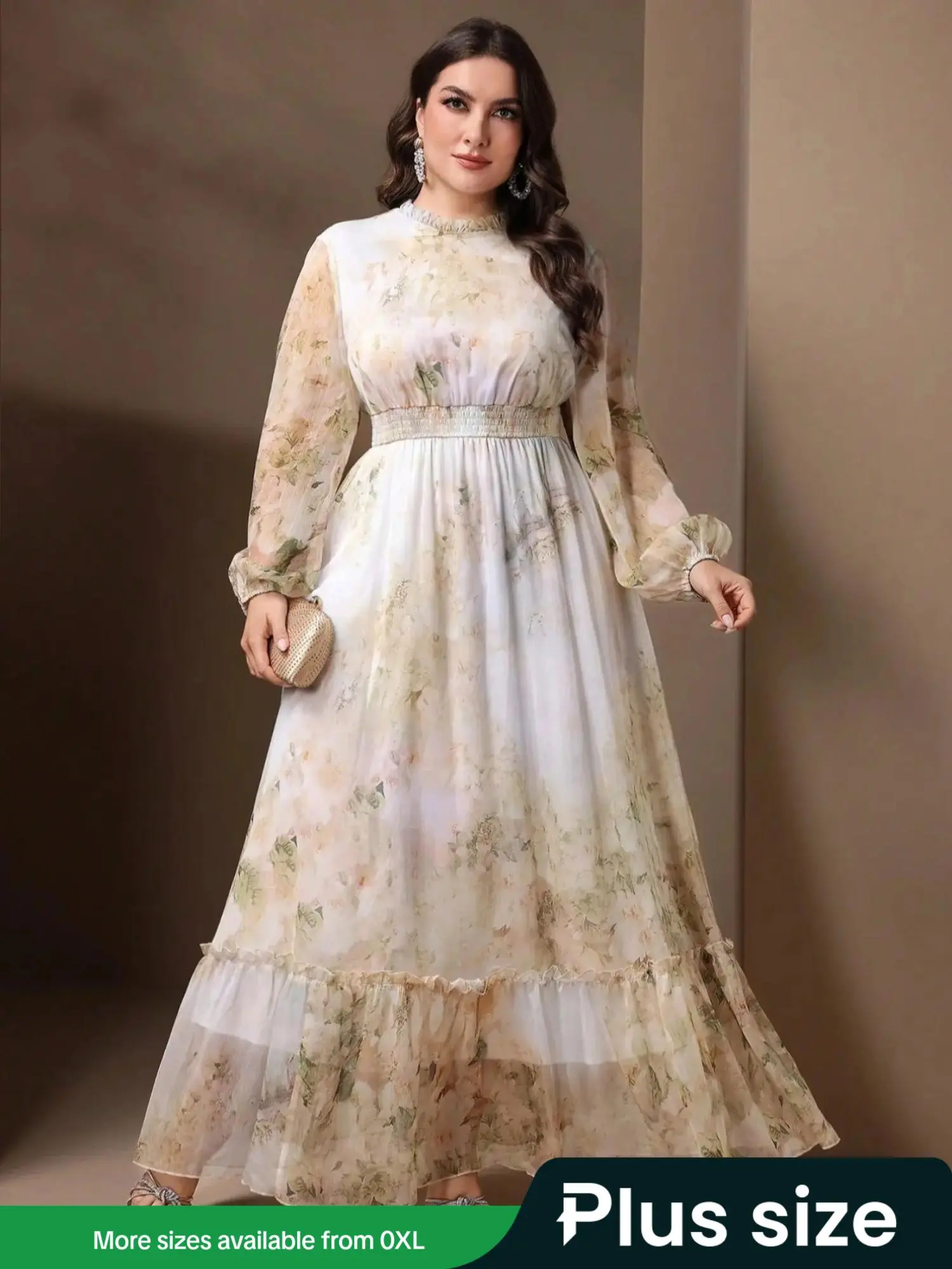 【Plus Size】 Floral Print Flounce Sleeve Dress, Elegant Long Sleeve V Neck Maxi Dress for Party Holiday Wedding Guest, Women's Clothes for All Seasons