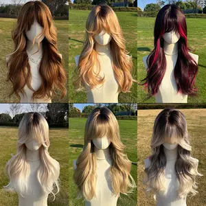 SMILCO/26Inch Highlight Brown With  Blonde Long Curly With Bangs Synthetic Women Wigs Fashion for Christmas/SM412