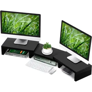 Dual  Stand Riser Office Desktop Organizer Stand for 2 Monitors, Adjustable Length and Angle 3 Shelf, Extra Long Multifunctional Wooden Stand up to 43.3" fit , Laptop, TV, Black